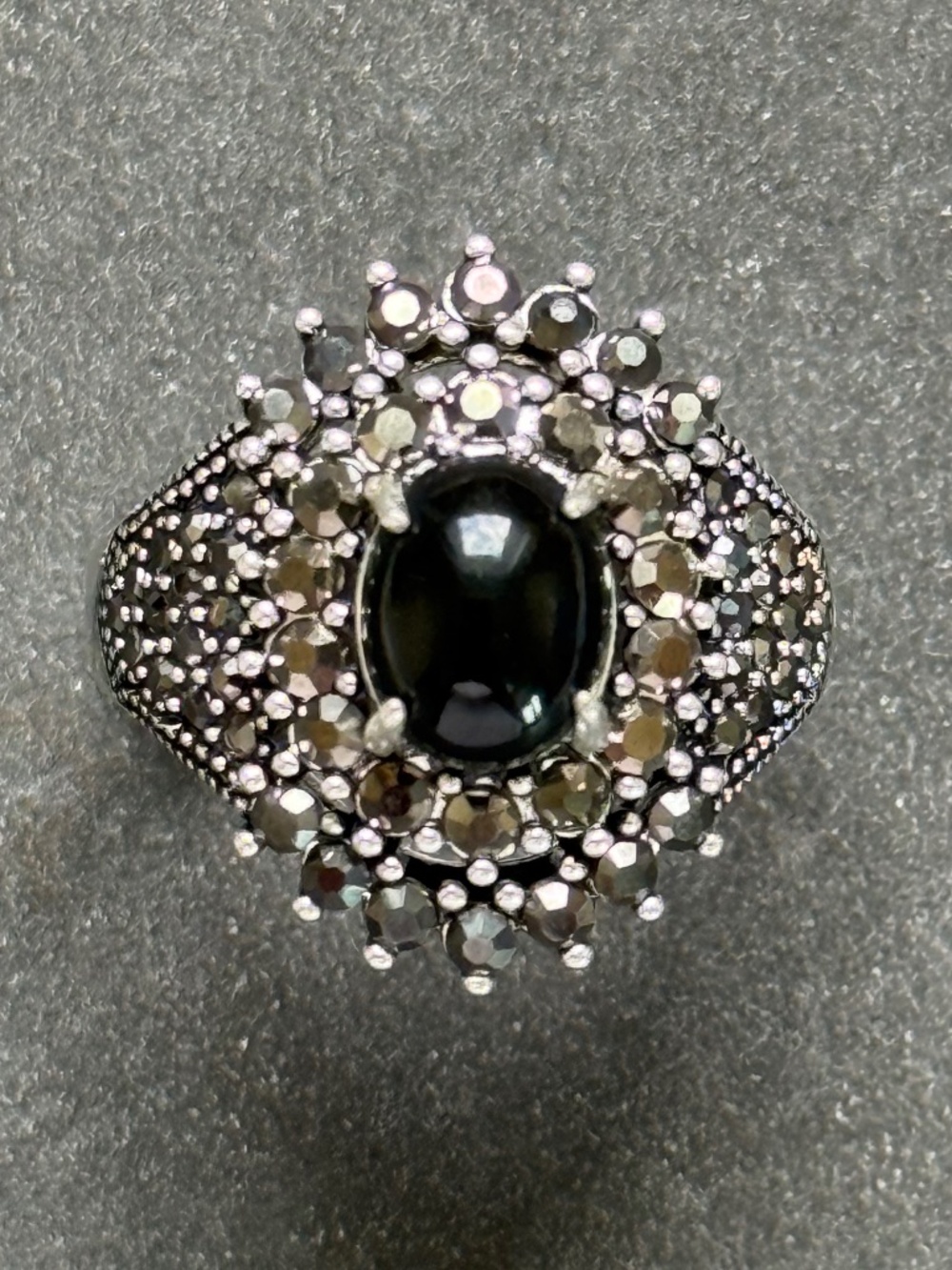 Art Deco Ring Statement Black Onyx Marcasite Halo Sterling Silver (9.5)